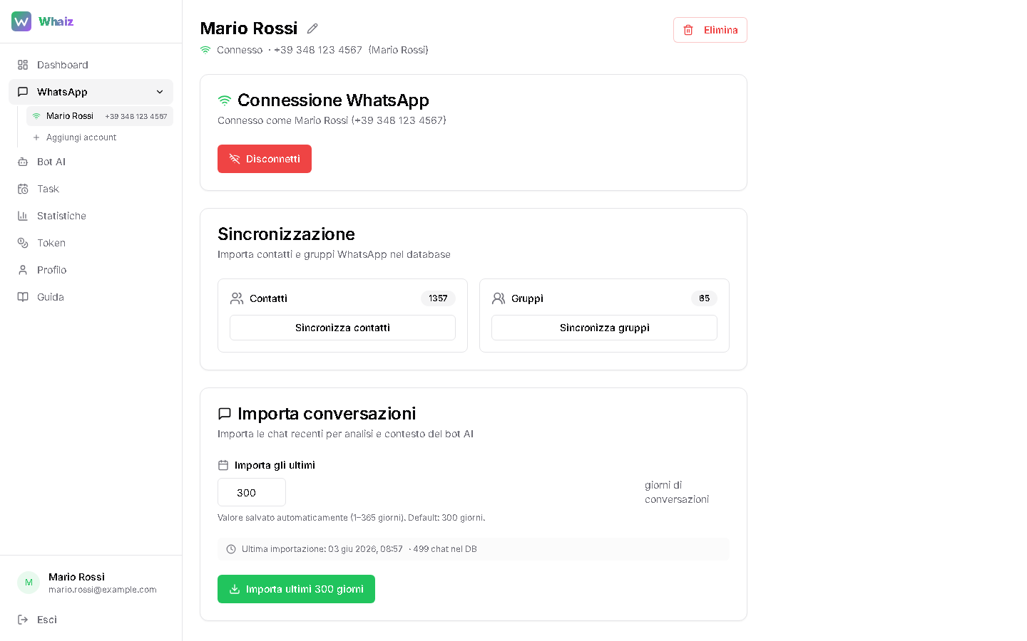 Pagina WhatsApp connessa — sincronizzazione contatti e conversazioni