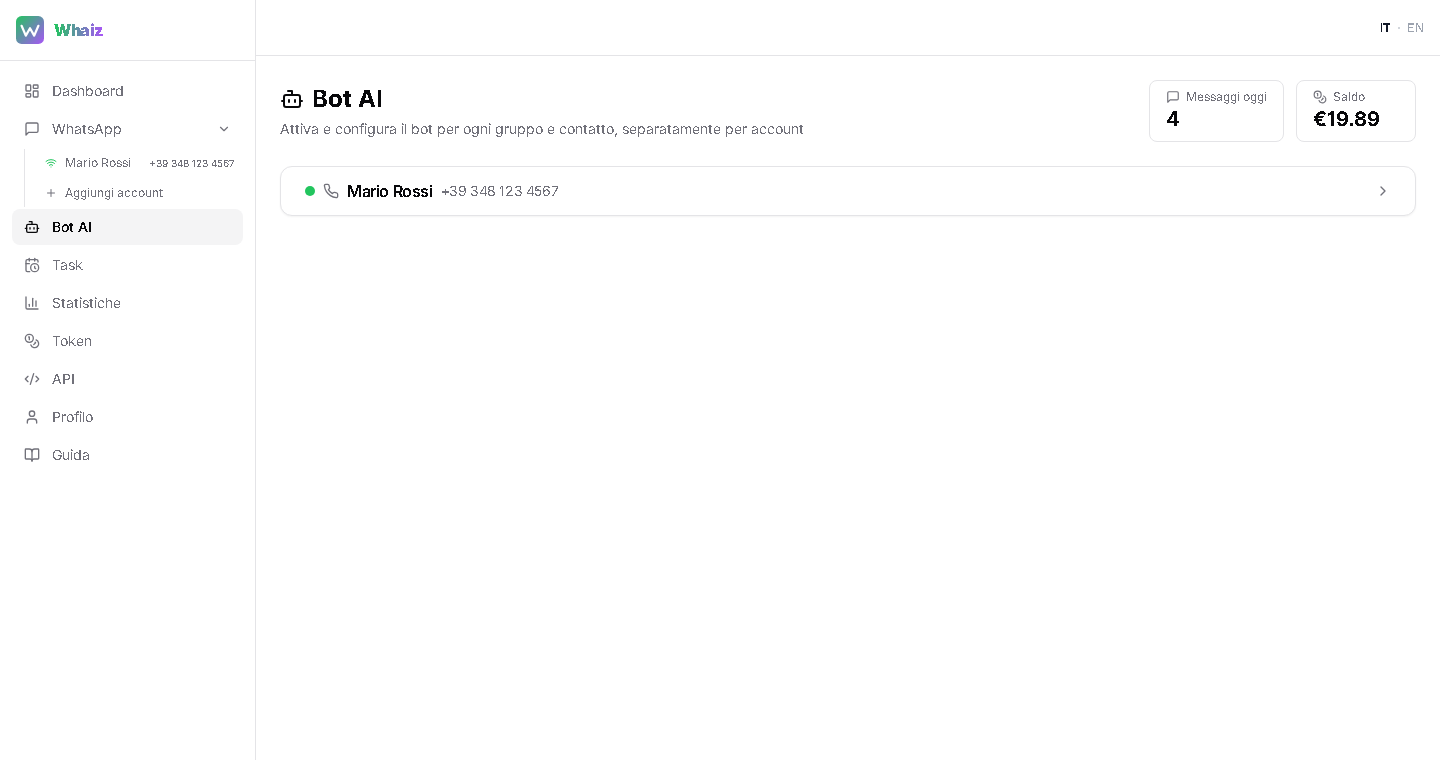 Pagina Bot AI — elenco degli account WhatsApp da espandere per gruppi e contatti