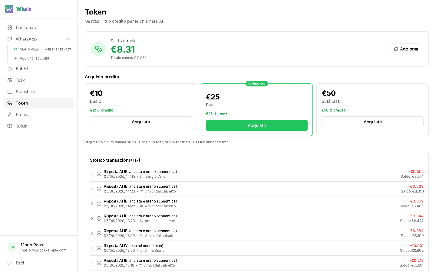 Pagina Token — saldo, pacchetti di ricarica e storico transazioni