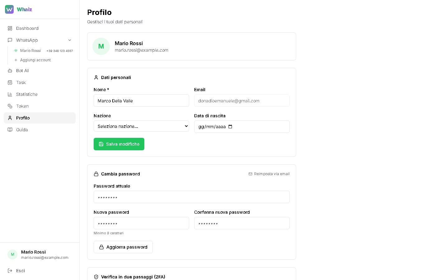 Pagina Profilo — dati personali, password e verifica in due passaggi